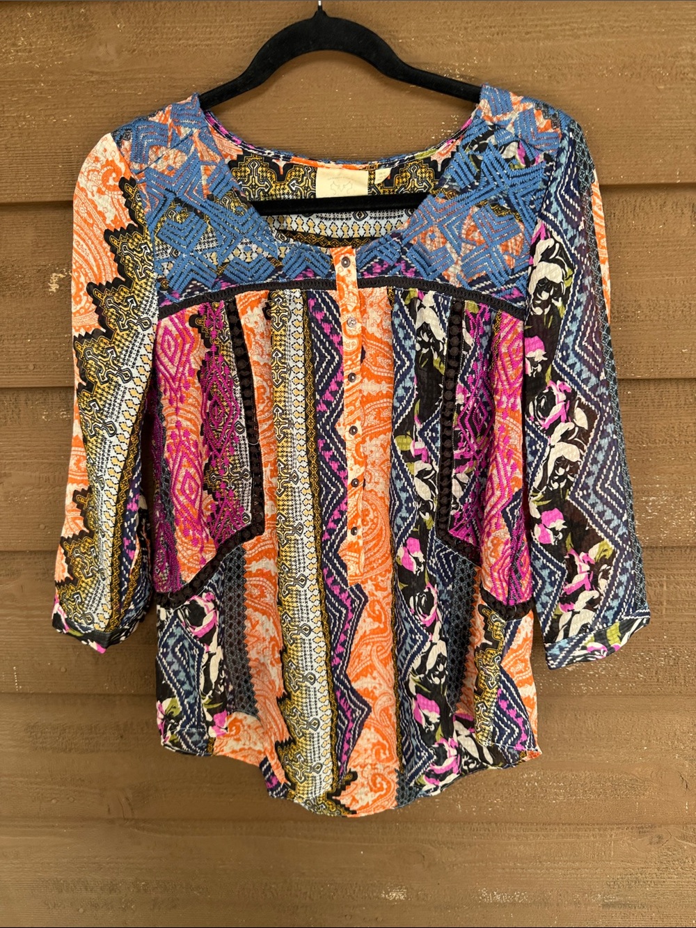 Anthropologie Vibrant Patchwork Boho Blouse - Blue, Orange & Pink size 6